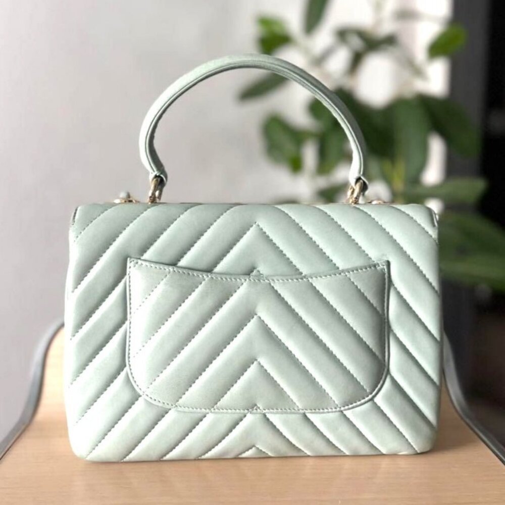 Authentic CHANEL Trendy Chevron Lambskin Quilted Dual Handle Flap Bag Mint Tote - Picture 3 of 16